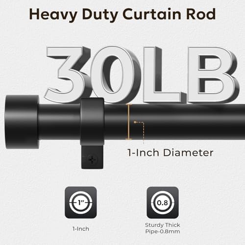Zeerobee Curtain Rods for Windows 48 to 84, 1 Inch Black Heavy Duty Drapery Rods with Adjustable Length, Outdoor Modern Curtain Pole with Simple End Caps, 32"-86", Black — view 2