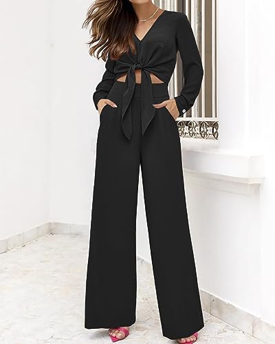 PRETTYGARDEN Women's 2 Piece Outfits 2026 Spring Fashion V Neck Long Sleeve Strappy Crop Top Wide Leg Pant Lounge Sets - image 6