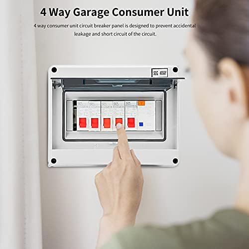 Consumer Unit 4 Way, Mini Leakage Circuit Breaker Garage Fuse Box, Distribution Board Fuse Board 63A 30mA RCD 4MCB 2 * 6A+20A+32A, IP65 Protective Plastic Shield Circuit Breaker Consumer Unit