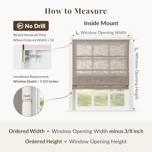 Image of TWOPAGES Liz No Drill Cordless Roman Shades Linen Textured Roman Blinds for Windows, Custom Made Room Darkening Blackout Roman Window Shades, Hardware Included, Burlywood, 1 Piece
