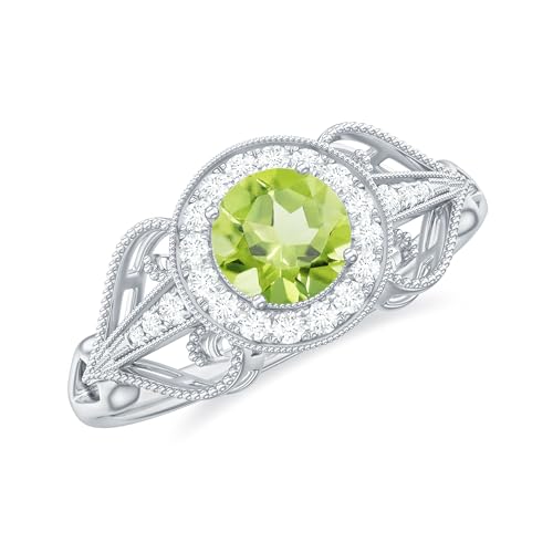 Certified Peridot Art Deco Engagement Ring, AAA Quality, Real Peridot Diamond Halo Ring (Gift for Women)