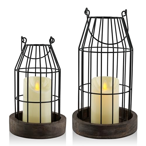 Vivirenoir CANDLE LANTERN - 002 Farmhouse Lantern Decor, Set Of 2 Rustic Home Decor Lanterns With Electronic Candles, Wire Metal Cloche Decorative Candle Holders For Living Room Fireplace Mantel Dining Table Decor cover