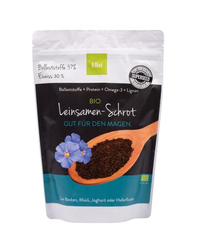 Elixi Graines de lin bio en poudre, avec acides gras oméga-6, oméga-3 et oméga-9, 37 % de fibres, 300 g