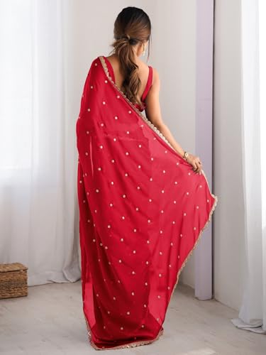 Image of AKHILAM Women's Pure Georgette Embroidered Saree With Unstitched Blouse Piece