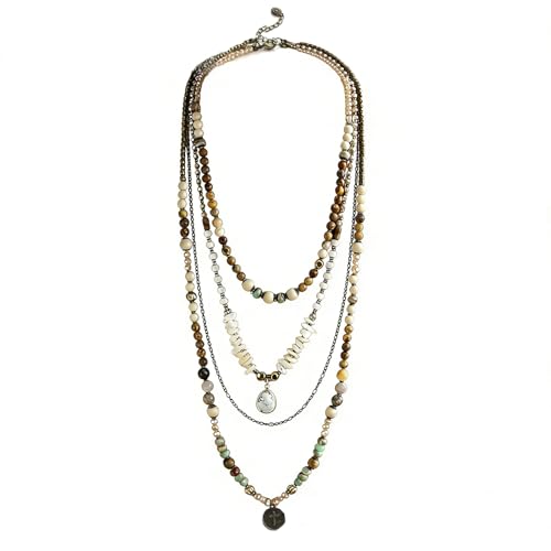 Yomisa Boho Layered Necklaces for Women Trendy,Multi-layer Beaded Long Necklace for Women,Bohemian Handmade Natural Beads Chain Cross Pendant Necklace Statement Western Beach Jewelry Gift