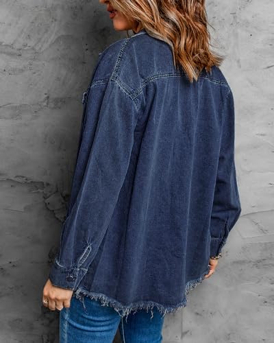 image for Vetinee Women's Oversized Boyfriend Dark Blue Front Button Up Frayed R