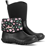 Showave Women’s Garden Boots Rubber Rain Boots For Women Waterproof Mud Boot Gardening Yard Boot For Farming Working Outdoor(Black Floral,Size 7)