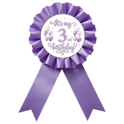 It's My 3rd Birthday Tinplate Badge Pin - Purple Happy 3rd Birthday Brooch Pin, Purple Balloon Number 3 Award Ribbon Button, Cheers to 3 Years Old Party Decoration