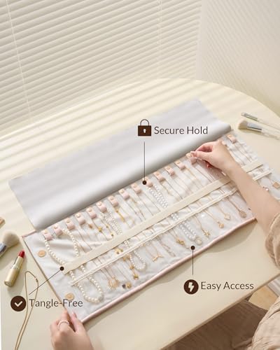 Lolalet Reise Halskettenorganizer Schmuckrolle, verwicklungsfreies Etui für Halsketten, faltbare Leder Rolltasche zur Aufbewahrung von Halsketten Ketten Armbändern – Rosa, 18 Slots