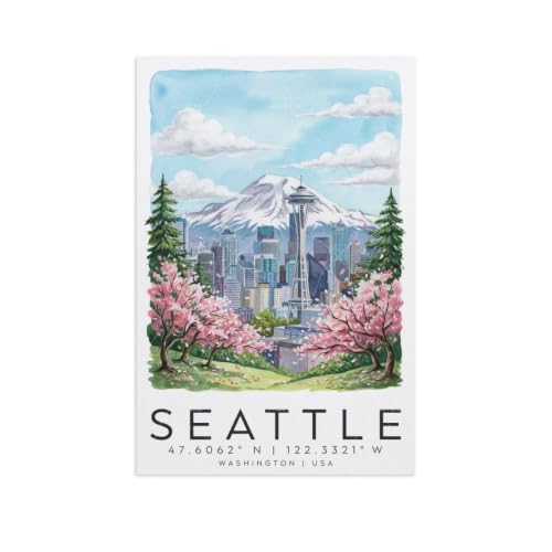 Art mural vintage Seattle aquarelle grand paysage de ville chez soi
