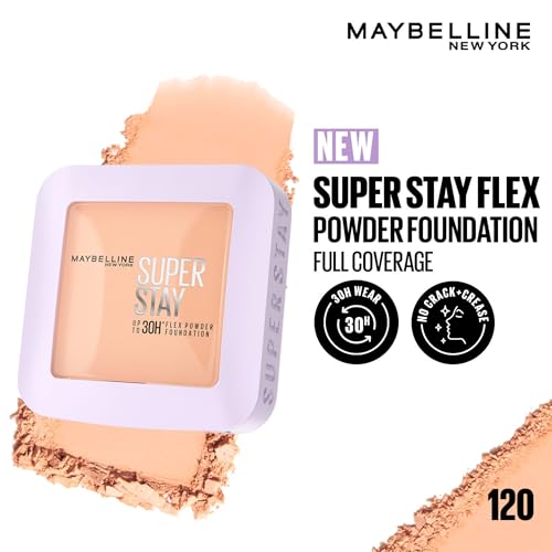 Image of Maybelline New York Super Stay Flex Powder Foundation Compact, 120, Full Coverage, 30H Full Coverage, Perfect for Oily Skin, Waterproof & Sweatproof, 9g