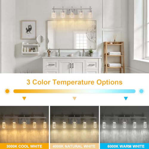 Image of 5-Light Brushed Nickel Vanity Light with 3 Color Modes (3000K /4000K /6000K), Eye Protection LED Bathroom Light Fixture, Dimmable Modern Wall Light Over Mirror with Clear Glass Shade