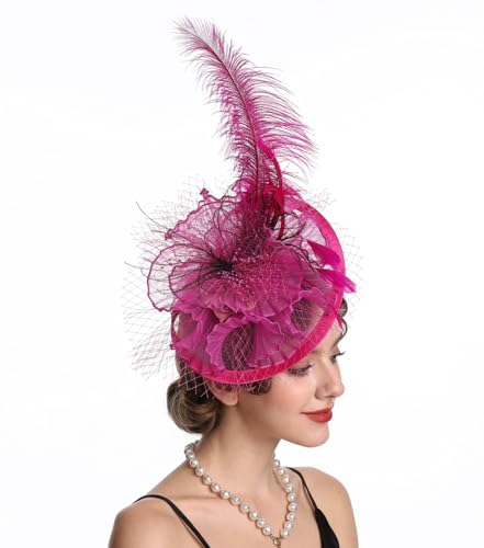 SAFERIN Fascinators Hat Flower Feather Net Mesh Derby Tea Party Headwear with Hair Clip and Hairband for Women (TA12-Rose Pink)