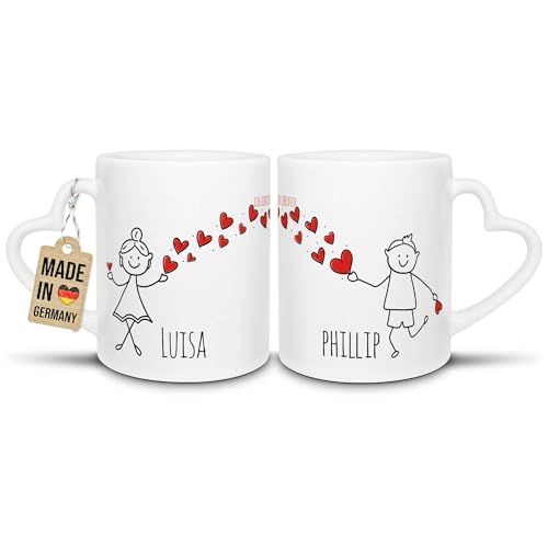 Partner-Tassen mit süßen Strichmännchen - für Frau und Mann - zum selbst Beschriften mit Wunschnamen - 2er Set Kaffeebecher aus Keramik mit Herzhenkel in Weiß, je 300 ml