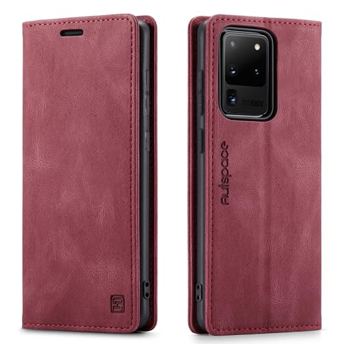 LOLFZ Wallet Case für Samsung Galaxy S20 Ultra, magnetische Klapphülle aus Leder mit RFID-Block, Kartenfächern, Ständer, stoßfeste Schutzhülle, kompatibel mit Galaxy S20 Ultra - Rot