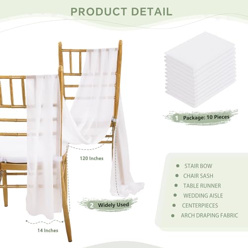 White Table Runner 10 Packs 14x120 Inches Wedding Chiffon Fabric Table Runners for Spring Wedding Ceremony Decoration Valance Table Swags by SoarDream - Image 3