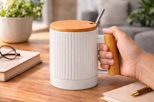 Image of Coffee Mug, Gift for Woman, Birthday Present for Girlfriend, Present for Wife Birthday, Mugs for Present, Holi Gifts, Panda Mug with Lid & Spoon (Fluted White)