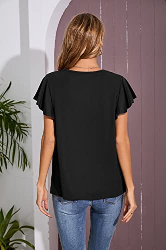 Iandroiy Women's Casual Shirred V-Neck Top Ruffle Short Sleeve Shirts Basic Pleated Top2