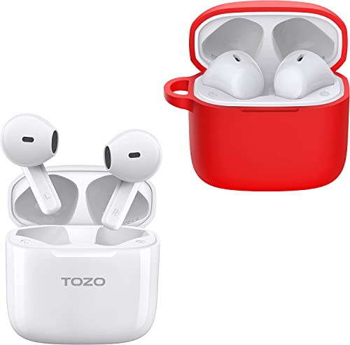 TOZO A3 WirelessâEarbuds Bluetooth 5.3 Half in-Ear Lightweight Headsets White & TOZO A3 Protective Silicone Case Red