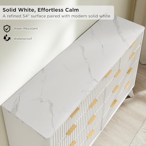 Image of T4TREAM 54 inch Wide Fluted 9 Drawer Dresser for Bedroom, Solid White | Mid Century Modern, Faux Marble Top, Curved Profile, Metal Handles, Anti-tip Kit, Smooth Slides, for Living Room, Hallway