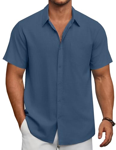 COOFANDY Short Sleeve Shirts Men Casual Button Up Linen Shirts Wrinkle Free Summer Holiday Beach Wedding Shirt Gray Blue