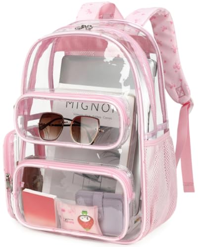 CAMTOP Clear Backpack Heavy Duty Transparent Bag See Through BookBag for Student School Work Festival Sport Travel (Pink bow, Medium-17'')
