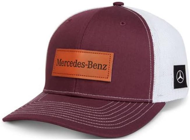 Mercedes-BenzMercedes Benz Richardson Trucker Mid-Pro Cap Leather Logo Patch Dark Red Crimson Claret and White