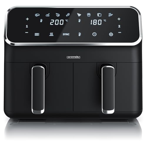 Arendo - Heißluftfritteuse Dual Zone mit 2 Kammern - XXL Kapazität 2 Fächer Doppelkammer – 2700 Watt - Airfryer Backofen Edelstahl - Touchscreen - 3D Umluftsystem - Antihaftbeschichtung