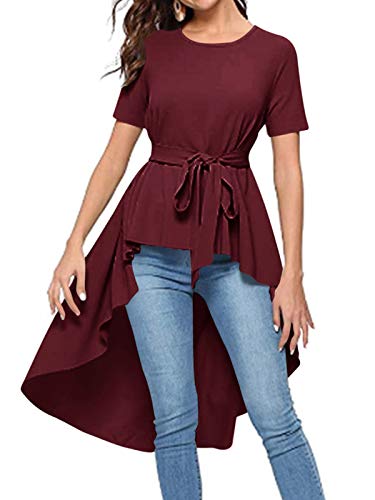 Style Dome Camisetas Manga Corta Mujer Verano Asimétrico Irregular Hem Blusas Color Sólido Tops Casual Larga Camisas 1-Rojo XXL Cover