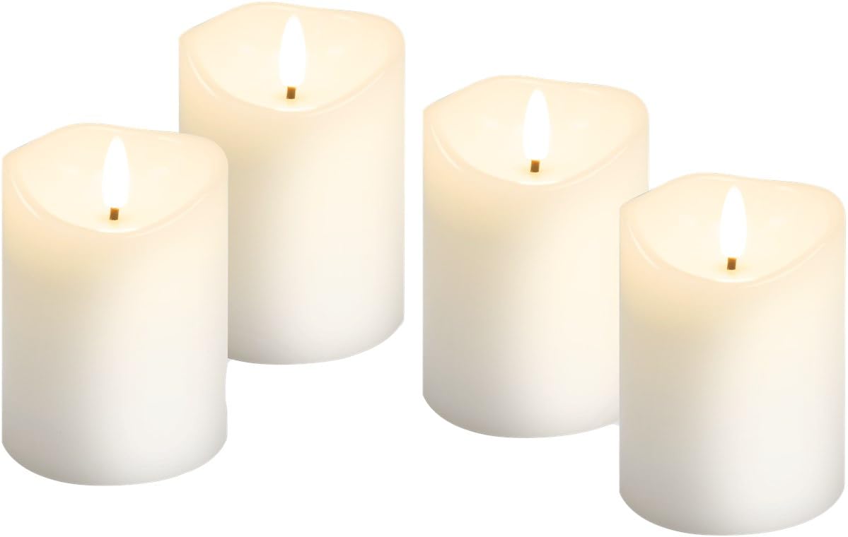 goobay Lighted Candles with Timer Function Set of 4 in White with 3D Wick & Battery Operated, Elegant for The Living Room, Dining Room and Advent - 77780