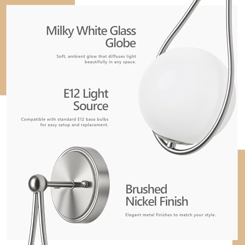 Image of Mid-Century Wall Sconces Set of 2 Brushed Nickel | Modern Globe Wall Lighting Indoor Hardwired Wall Lights for Hallway Office Porch Bedroom Living Room Stairway