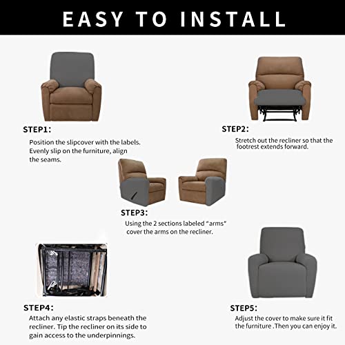 Image of Easy-Going 4 Pieces Waterproof Recliner Chair Slipcover Washable | Stretch Soft Couch Cover for Dogs, Sofa Slipcover for Recliner Couch Furniture Protector for Kids, Pets Gray