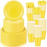 Uiifan 300 Pcs Yellow Plastic Plates and Napkins Party Supplies Plastic Dinnerware Set Include 50 Plastic Dinner Plates 50 Plastic Appetizer Plates 50 Plastic Cups 50 Knives 50 Forks and 50 Spoons