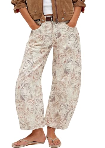 loveimgs Women Baggy Barrel Jeans Mid Rise Printed Denim Pants Wide Leg Jeans Boyfriend Y2k Patchwork Cat Hippie (Large,Cat)