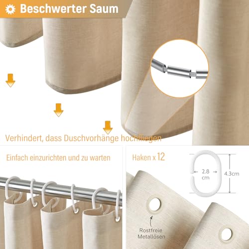 BTTN Duschvorhang Stoff 180x200 cm, Leinen-Textur, Anti-Schimmel, waschbarer Textil-Duschvorhang mit 12 Plastikhaken, gewichteter Saum Polyester-Duschvorhänge für Badewanne, Creme/Beige