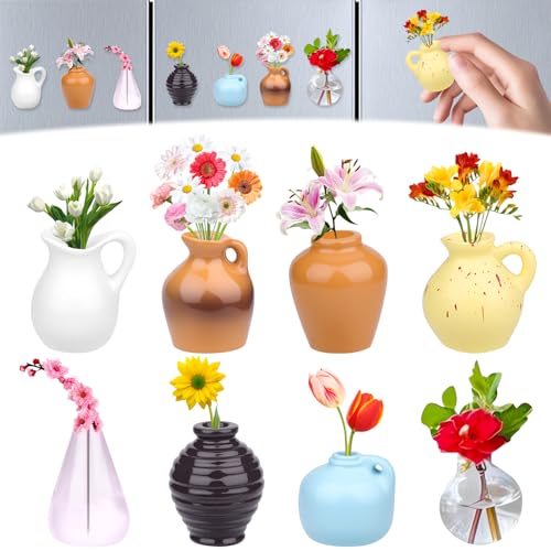 Vibbang 8Piezas Mini Imanes de Cerámica para Nevera, Mini Vase Magnets for Fridge, Floreros de Cerámica 3D, Divertidos Accesorios para Nevera, Decoración para Cocina y Oficina
