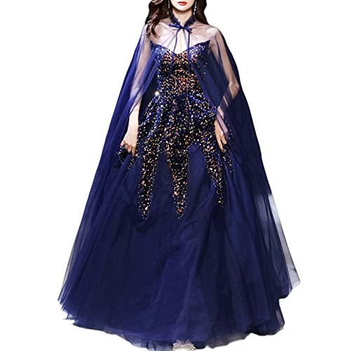 Prom Dresses with Detachable Cape Long Sequins Ball Gown for Women Sweetheart Formal Party Wedding Tulle Evening Gowns Cloak (XL, Navy)