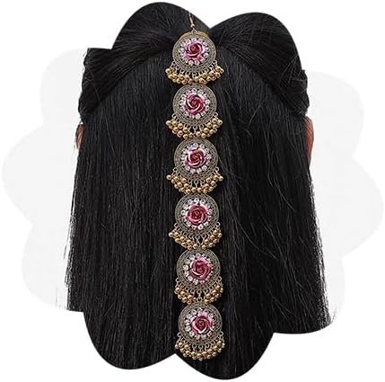 Indian Bollywood Bell Hair Chain Jewelry Flower Traditional Red Crystal Jhumki Chandelier Head Chain Boho Beaded Layered Pearl Rhinestone Headpiece Costume Hair Accessories for Women Festival Prom