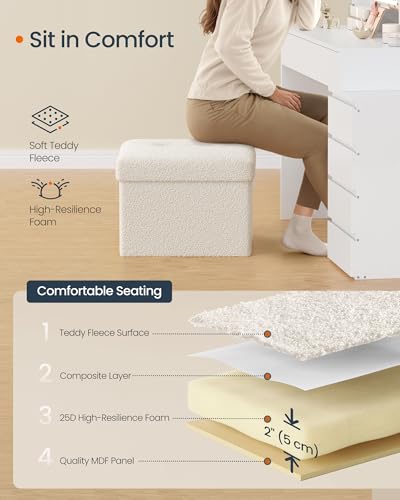 Image of SONGMICS Small Folding Storage Ottoman, Foot Rest Stool, 12.2 x 16.1 x 12.2 Inches, Ottoman with Storage, Load up to 286 lb, for Living Room, Bedroom, Dorm, Cream White ULSF094W01