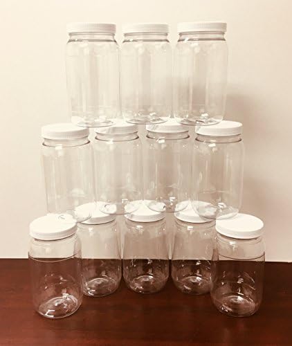 16oz wide mouth Clear Plastic Jars with white Plastic Lids (12 pack); BPA Free PET Stackable Straight Sided Canisters for Bathroom & Kitchen Storage of Dry Goods, Creams and More