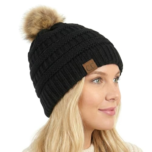 C.C Trendy Fuzzy Fleece Lined Warm Comfortable Soft Stretch Cable Knit Ribbed Faux Fur Pom Pom Beanie Hat, Black