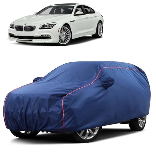 Image of Sulfar 100% Water Resistant Car Body Cover Compatible with Mirror for BMW Alpina B6 (Triple Stitched, Full Bottom Elastic, Blue Taffeta with Red Piping)