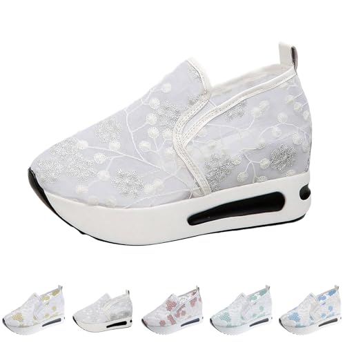 Fashion Sneakers for Women 2025, Floral Embroidery Breathable Sheer Mesh Lace Sneakers Slip on Sneakers Platform Wedge Sneakers Dressy Casual Walking Shoes (a-White, 8.5)2