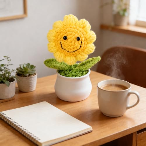 Image of 13CM Height Handmade Crochet Smiling Flower Pot for Home & Office Decor, Cute Aesthetic Desk Showpiece, Positive Vibes Table Decor, Thoughtful Gift for Friends & Loved Ones (Light Yellow)