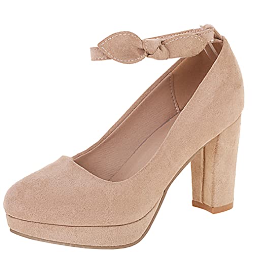 Meefit Women Ankle Strap Platform Pumps Block High Heels Closed Toe Pumps