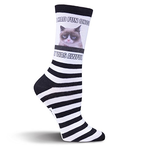Grumpy Cat Women's Single Pack Stay Grumpy Crew Socks, Black/White, 9-11
