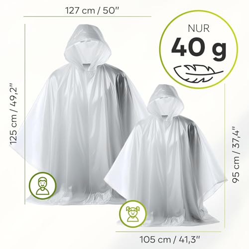 ZENO Regenponcho Festival Wasserdicht - Regenponcho Familien Set - Regencape Festival Einweg - Damen, Kinder & Mann - Transparent mit Kapuze - Reise, Wandern, Camping