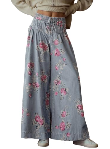 loveimgs Women Elastic Waist Boho Wide Leg Pleated Palazzo Pants Ruffle Denim Drawstring Jeans Floral Print Baggy Sweatpants