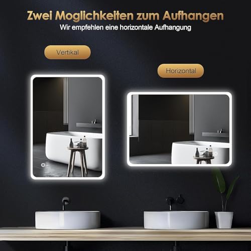 AllRight Badspiegel mit Beleuchtung 60x40cm | 3500K-6500K Dimmbarer LED Spiegel mit 3 Lichtfarben | IP54 Wassergeschützt… – Ansicht 3