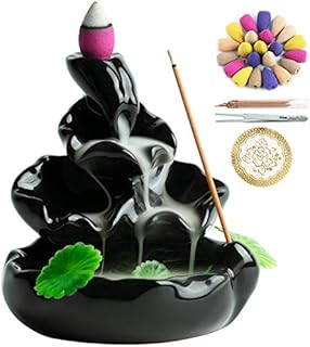 VVMONE Cute Ceramic Backflow Incense Holder Waterfall Incense Burner with 100 Incense Cones and 30 Incense Stick, Incense Fountain for Home Decor, Desk Decor(Black)